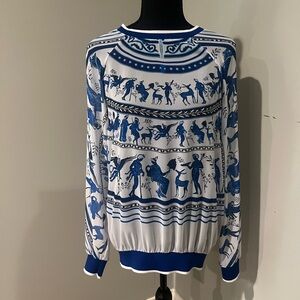 Clover Canyon Grecian Print Blue and White Sheer Long Sleeve Top Size S